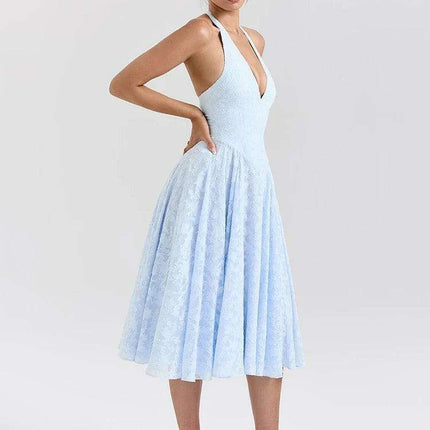 Sophisticated Backless A-line Evening Gown with Deep V Halter Neck by Mozision - Très Elite
