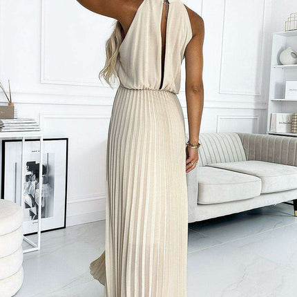 Sophisticated Beige Chiffon Midi Dress with Elegant Teardrop Cutout