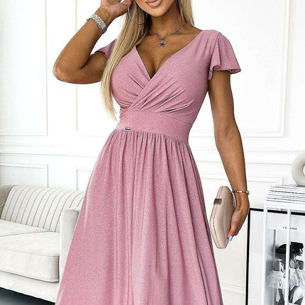 Sophisticated Beige Shimmer Evening Gown with Stylish Envelope Neckline by Numoco - Très Elite