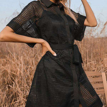 Sophisticated Black Mesh Dress with Stylish Lapel Accents - A Timeless Wardrobe Essential - Très Elite