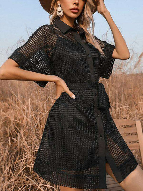 Sophisticated Black Mesh Dress with Stylish Lapel Accents - A Timeless Wardrobe Essential