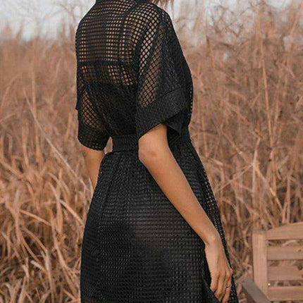 Sophisticated Black Mesh Dress with Stylish Lapel Accents - A Timeless Wardrobe Essential - Très Elite