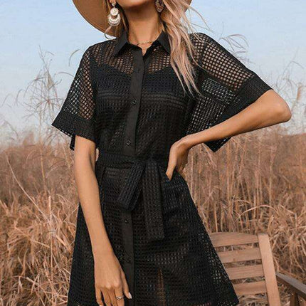Sophisticated Black Mesh Dress with Stylish Lapel Accents - A Timeless Wardrobe Essential - Très Elite