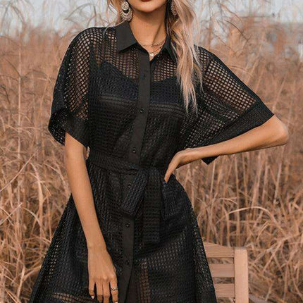 Sophisticated Black Mesh Dress with Stylish Lapel Accents - A Timeless Wardrobe Essential - Très Elite