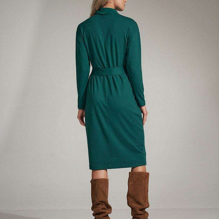 Sophisticated Black Midi Dress with Turtleneck and Flowing Sleeves - Très Elite