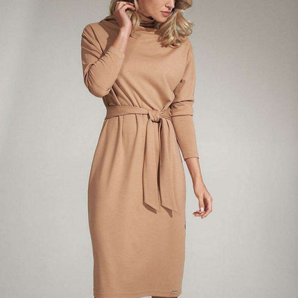Sophisticated Black Midi Dress with Turtleneck and Flowing Sleeves - Très Elite