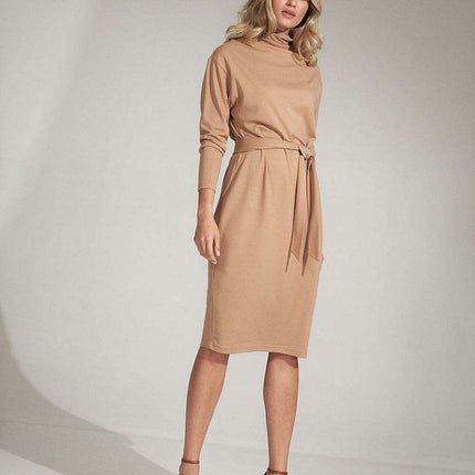 Sophisticated Black Midi Dress with Turtleneck and Flowing Sleeves - Très Elite