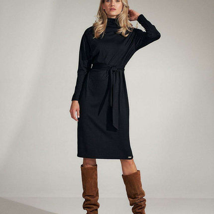 Sophisticated Black Midi Dress with Turtleneck and Flowing Sleeves - Très Elite