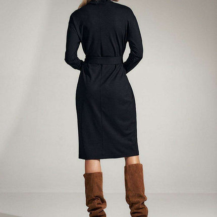 Sophisticated Black Midi Dress with Turtleneck and Flowing Sleeves - Très Elite