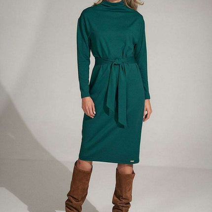 Sophisticated Black Midi Dress with Turtleneck and Flowing Sleeves - Très Elite