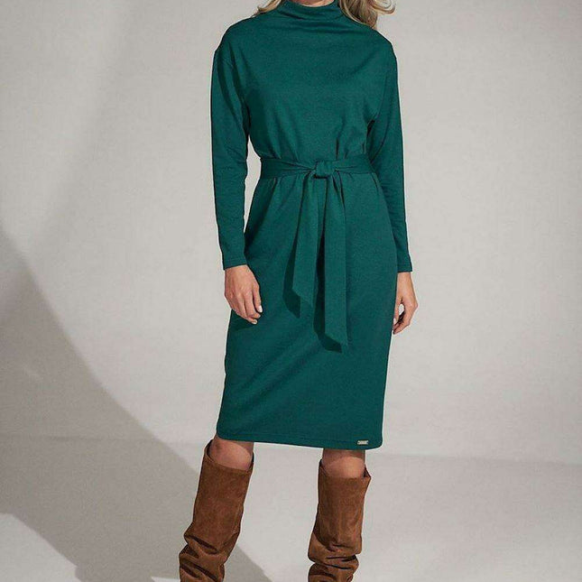 Sophisticated Black Midi Dress with Turtleneck and Flowing Sleeves