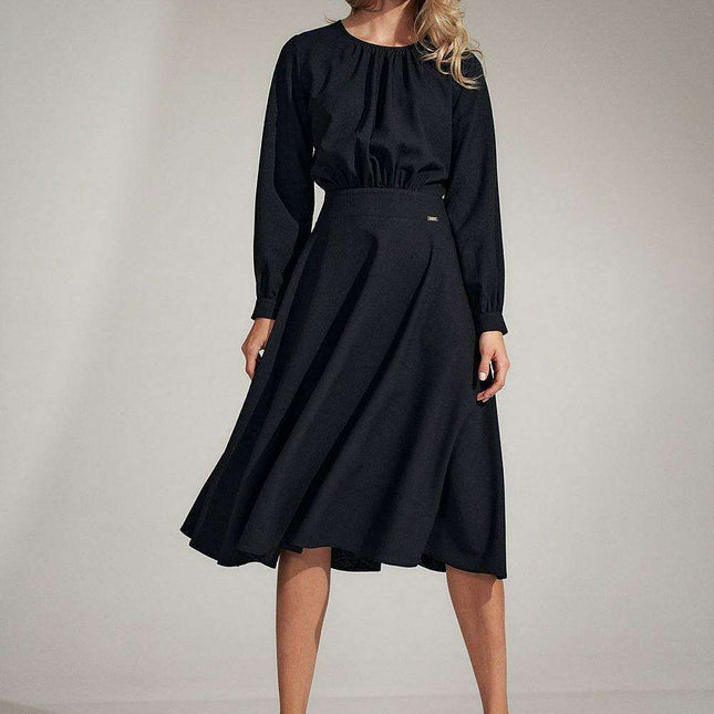 Sophisticated Black Ruffle Sleeve Midi Dress