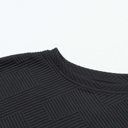 Sophisticated Black Textured Lounge Set with Long Sleeve Top and Adjustable Shorts - Très Elite