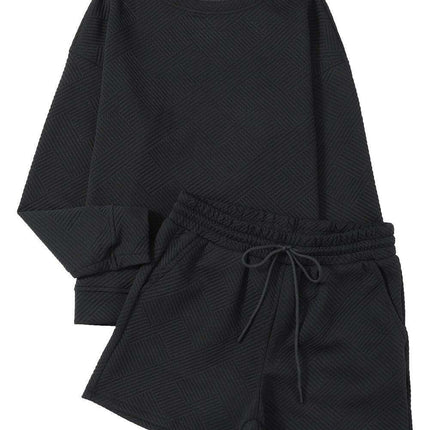 Sophisticated Black Textured Lounge Set with Long Sleeve Top and Adjustable Shorts - Très Elite