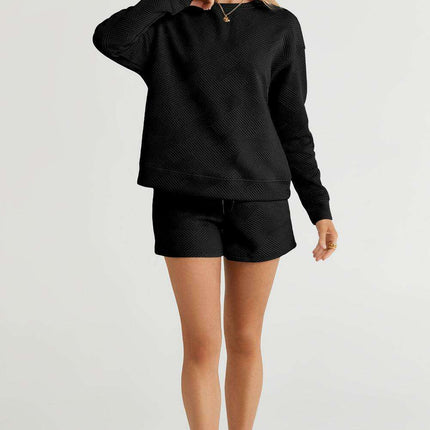 Sophisticated Black Textured Lounge Set with Long Sleeve Top and Adjustable Shorts - Très Elite