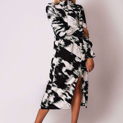 Sophisticated Black and White Ruffled Midi Dress
