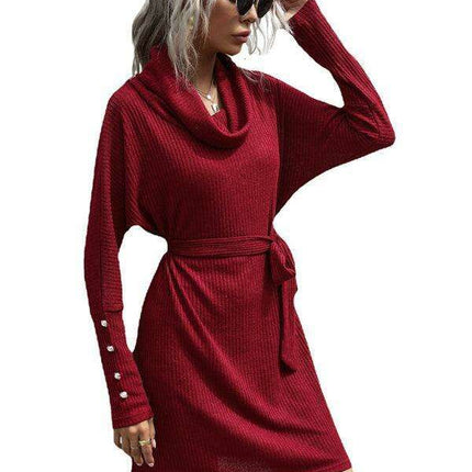 Sophisticated Collar Detail Ribbed Knit Dress with Long Sleeves - Très Elite