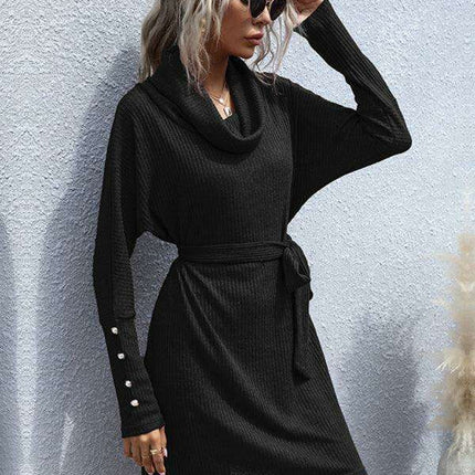 Sophisticated Collar Detail Ribbed Knit Dress with Long Sleeves - Très Elite