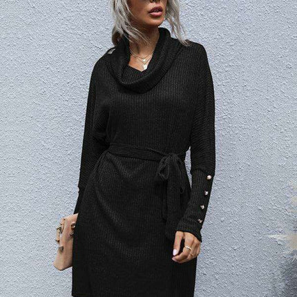Sophisticated Collar Detail Ribbed Knit Dress with Long Sleeves - Très Elite