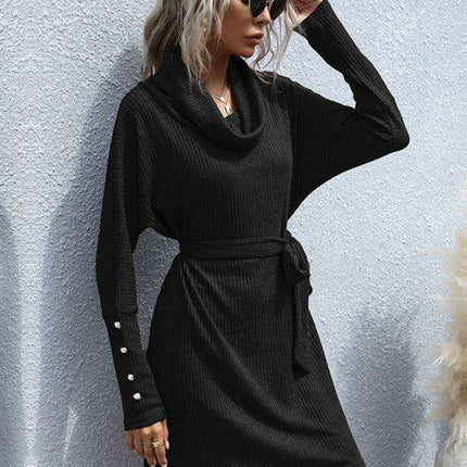 Sophisticated Collar Detail Ribbed Knit Dress with Long Sleeves - Très Elite