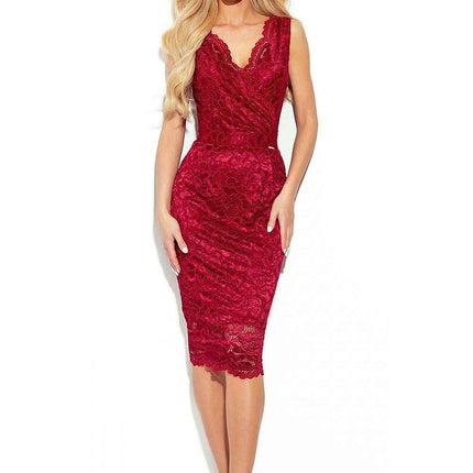 Sophisticated Crimson Lace Midi Dress by Numoco - Très Elite