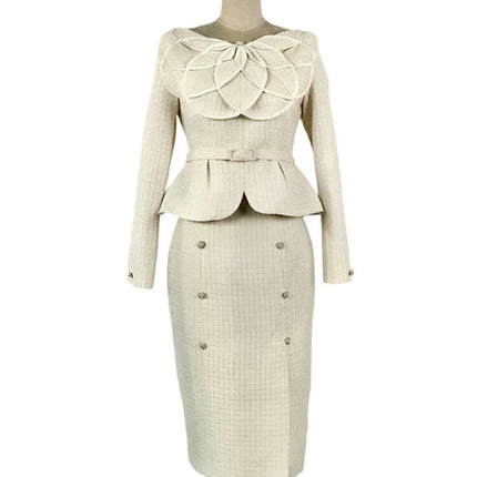 Sophisticated Double Breasted Tweed Ensemble with Petal Neck and Waist Belt - Women's Fall Collection 2024 - Très Elite
