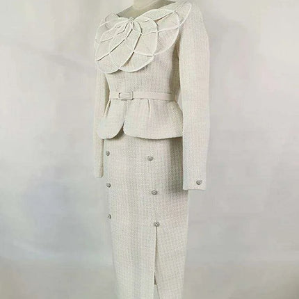 Sophisticated Double Breasted Tweed Ensemble with Petal Neck and Waist Belt - Women's Fall Collection 2024 - Très Elite
