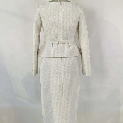 Sophisticated Double Breasted Tweed Ensemble with Petal Neck and Waist Belt - Women's Fall Collection 2024 - Très Elite