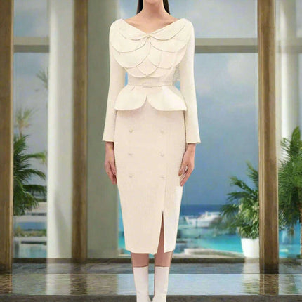 Sophisticated Double Breasted Tweed Ensemble with Petal Neck and Waist Belt - Women's Fall Collection 2024 - Très Elite
