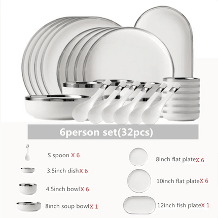Sophisticated Elegance: White Ceramic Dinnerware Set with Silver Trim - Très Elite