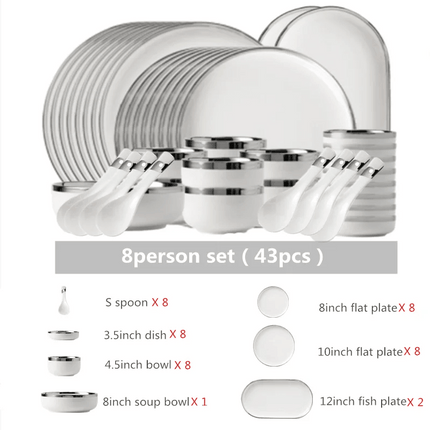 Sophisticated Elegance: White Ceramic Dinnerware Set with Silver Trim - Très Elite