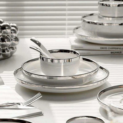 Sophisticated Elegance: White Ceramic Dinnerware Set with Silver Trim - Très Elite