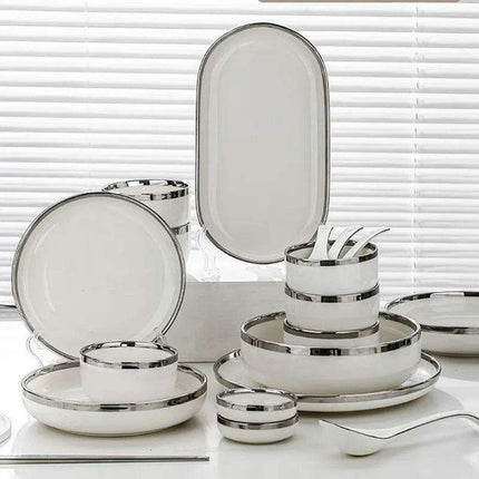 Sophisticated Elegance: White Ceramic Dinnerware Set with Silver Trim - Très Elite