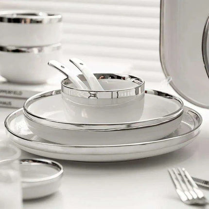 Sophisticated Elegance: White Ceramic Dinnerware Set with Silver Trim - Très Elite