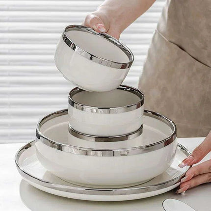 Sophisticated Elegance: White Ceramic Dinnerware Set with Silver Trim - Très Elite