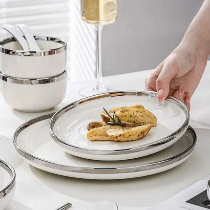 Sophisticated Elegance: White Ceramic Dinnerware Set with Silver Trim - Très Elite