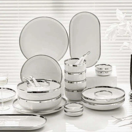 Sophisticated Elegance: White Ceramic Dinnerware Set with Silver Trim - Très Elite