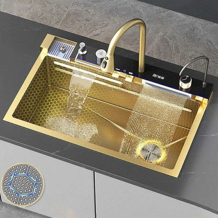 Sophisticated Golden Stainless Steel Kitchen Sink with Generous Embossed Basin - Contemporary Design & High Efficiency - Très Elite