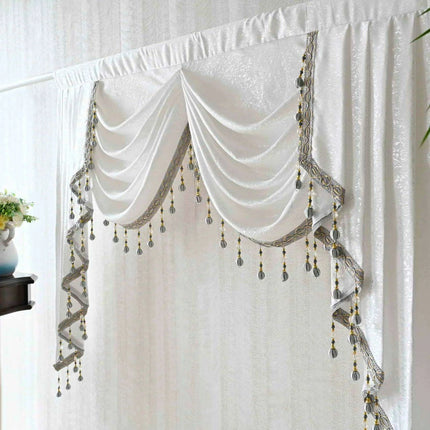 Sophisticated Gray Beaded Waterfall Swag Valance - Luxurious Rod Pocket Curtain Treatment - Très Elite
