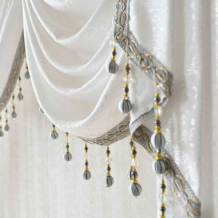 Sophisticated Gray Beaded Waterfall Swag Valance - Luxurious Rod Pocket Curtain Treatment - Très Elite