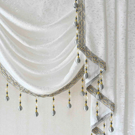 Sophisticated Gray Beaded Waterfall Swag Valance - Luxurious Rod Pocket Curtain Treatment - Très Elite