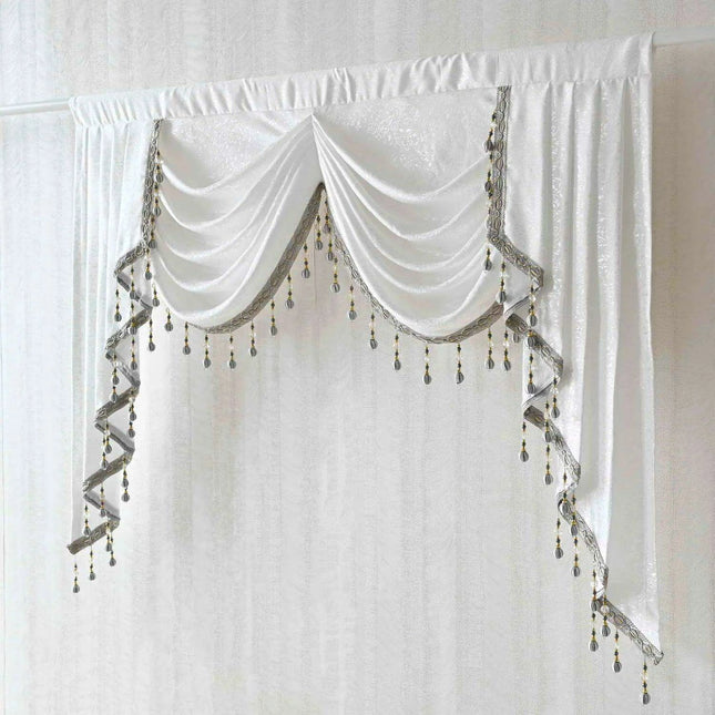Sophisticated Gray Beaded Waterfall Swag Valance - Luxurious Rod Pocket Curtain Treatment