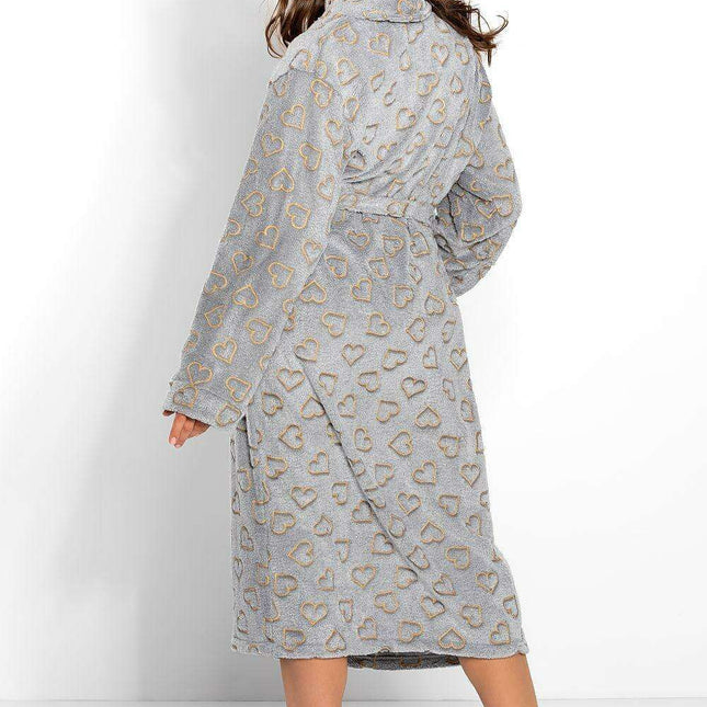 Sophisticated Gray Heart-Patterned Women's Bathrobe - Luxurious Comfort Choice