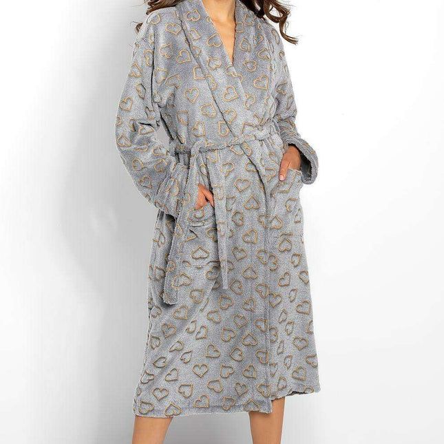 Sophisticated Gray Heart-Patterned Women's Bathrobe - Luxurious Comfort Choice