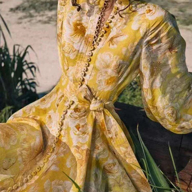 Sophisticated High Waist Mini Dress for Women with Unique Lace-Up and Lantern Sleeves - Stylish Print Patchwork Design