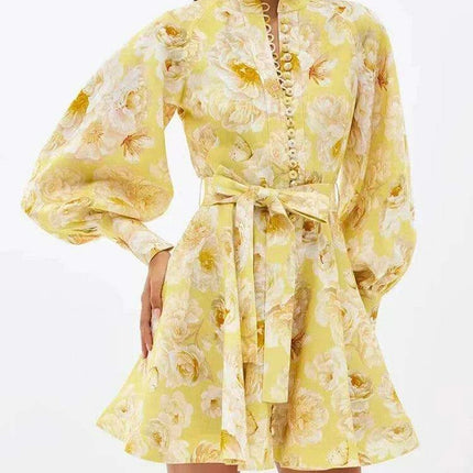 Sophisticated High Waist Mini Dress for Women with Unique Lace-Up and Lantern Sleeves - Stylish Print Patchwork Design - Très Elite