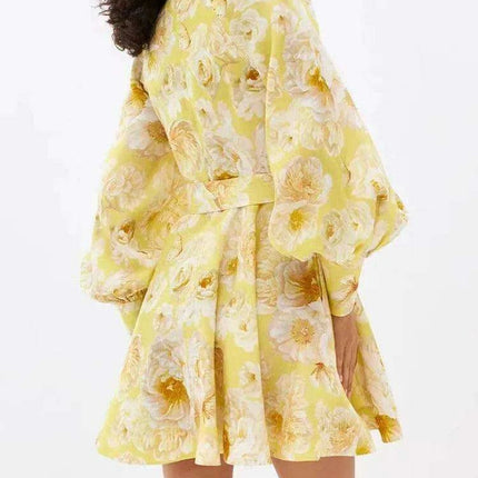 Sophisticated High Waist Mini Dress for Women with Unique Lace-Up and Lantern Sleeves - Stylish Print Patchwork Design - Très Elite