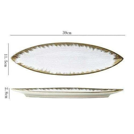 Sophisticated Japanese Ceramic Leaf Plate with Textured Finish and Gold Trim - Perfect for Elegant Dining - Très Elite