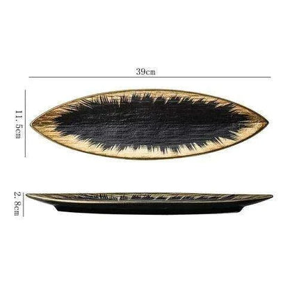 Sophisticated Japanese Ceramic Leaf Plate with Textured Finish and Gold Trim - Perfect for Elegant Dining - Très Elite