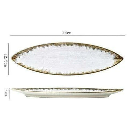 Sophisticated Japanese Ceramic Leaf Plate with Textured Finish and Gold Trim - Perfect for Elegant Dining - Très Elite